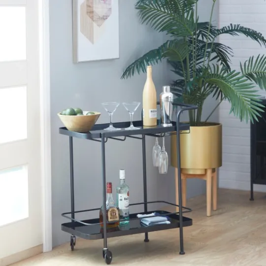 Kirkland's Home Black Iron And Glass Top Bar Cart- Kitchen Islands & Bar Carts