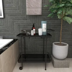 Kirkland's Home Black Iron And Glass Top Bar Cart- Kitchen Islands & Bar Carts
