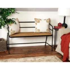 Kirkland's Home Black Iron And Wooden Seat Industrial Bench- Benches & Ottomans