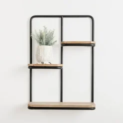 Kirkland's Home Black Metal & Natural Wood Rounded Edge Wall Shelf- Shelves