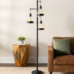 Kirkland's Home Black Metal And Glass Globe 3-Arm Floor Lamp- Floor Lamps