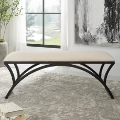 Kirkland's Home Black Metal Arched Frame Upholstered Bench- Benches & Ottomans