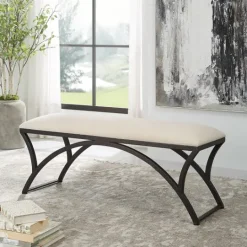 Kirkland's Home Black Metal Arched Frame Upholstered Bench- Benches & Ottomans