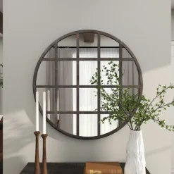 Kirkland's Home Black Metal Grid Overlay Round Mirror- Decorative Mirrors