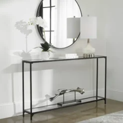 Kirkland's Home Black Metal Mirrored Top Console Table- Console Tables