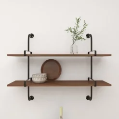 Kirkland's Home Black Metal Pipe Two-Tier Wall Mounted Shelf- Shelves