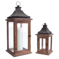 Kirkland's Home Black Metal Top Wood Lanterns, Set Of 2- Lanterns