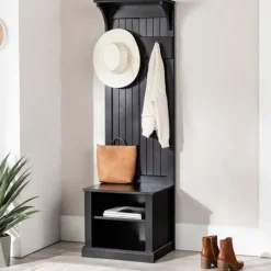 Kirkland's Home Black Pine Wood Grooved Hall Tree- Entryway Furniture
