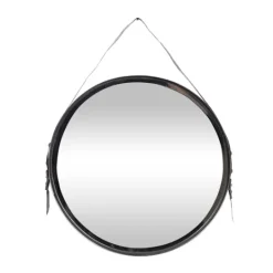 Kirkland's Home Black Round Framed Mirror With Leather Strap- Framed Mirrors