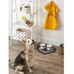Kirkland's Home Black Striped Heart Pet Bowl Mat- Kitchen & Floor Mats