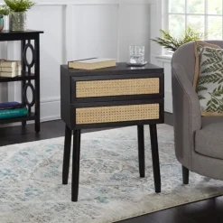 Kirkland's Home Black Two-Drawer Rattan Front Accent Table- Accent & End Tables