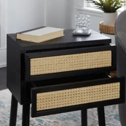 Kirkland's Home Black Two-Drawer Rattan Front Accent Table- Accent & End Tables