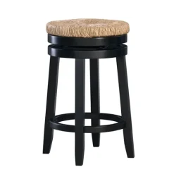 Kirkland's Home Black Wood Seagrass Seat Swivel Counter Stool- Bar Stools & Counter Height Stools