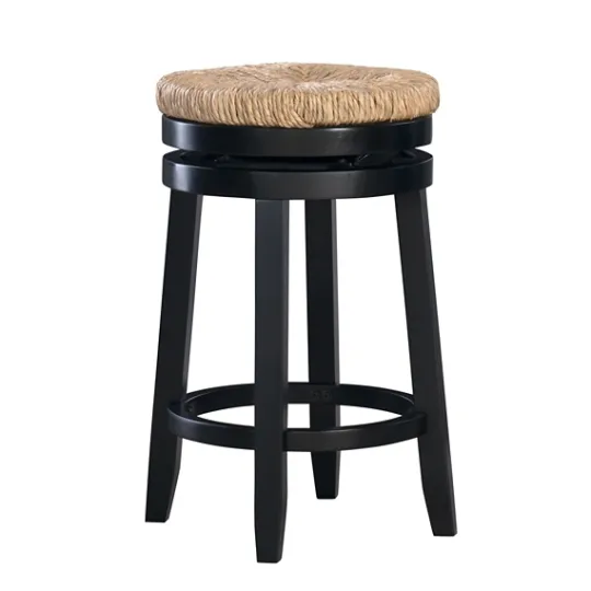 Kirkland's Home Black Wood Seagrass Seat Swivel Counter Stool- Bar Stools & Counter Height Stools