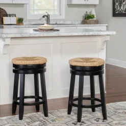 Kirkland's Home Black Wood Seagrass Seat Swivel Counter Stool- Bar Stools & Counter Height Stools