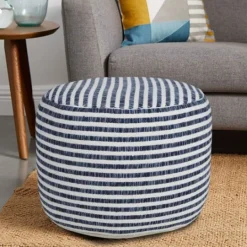 Kirkland's Home Blue & White Stripe Organic Cotton Pouf- Pillows