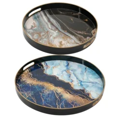 Kirkland's Home Blue And Gray Round Abstract Trays, Set Of 2- Decorative Trays