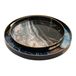 Kirkland's Home Blue And Gray Round Abstract Trays, Set Of 2- Decorative Trays