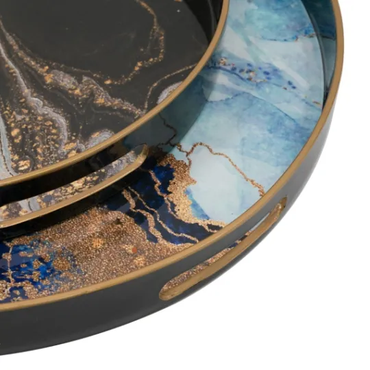Kirkland's Home Blue And Gray Round Abstract Trays, Set Of 2- Decorative Trays