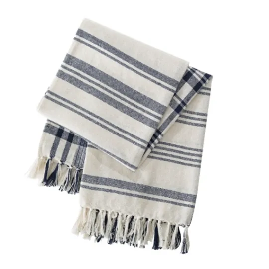 Kirkland's Home Blue And White Striped Tassel Throw- Blankets & Throws