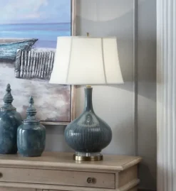 Kirkland's Home Blue Ceramic Stripe Base Table Lamp- Table Lamps