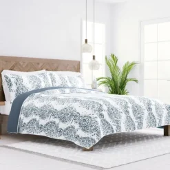 Kirkland's Home Blue Damask Reversible 3-Pc. King Quilt Set- Quilts