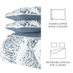 Kirkland's Home Blue Damask Reversible 3-Pc. King Quilt Set- Quilts