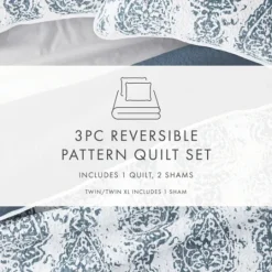 Kirkland's Home Blue Damask Reversible 3-Pc. Queen Quilt Set- Quilts