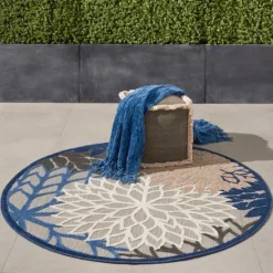 Kirkland's Home Blue Floral Burst Round Outdoor Area Rug, 5X5- Outdoor Rugs