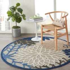 Kirkland's Home Blue Floral Burst Round Outdoor Area Rug, 5X5- Outdoor Rugs