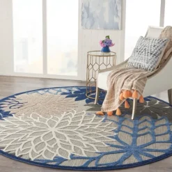 Kirkland's Home Blue Floral Burst Round Outdoor Area Rug, 7X7- Outdoor Rugs