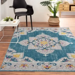 Kirkland's Home Blue Floral Medallion Outdoor Area Rug, 7X9- Outdoor Rugs