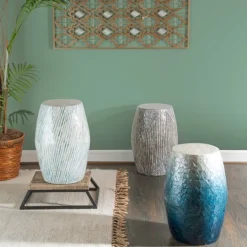 Kirkland's Home Blue Ombre Mosaic Capiz Shell Drum End Table- Accent & End Tables