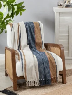 Kirkland's Home Blue Orange White Stripe Throw Blanket- Blankets & Throws