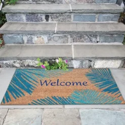 Kirkland's Home Blue Palm Fronds Welcome Coir Doormat- Doormats