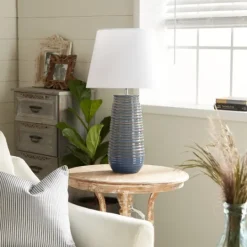 Kirkland's Home Blue Ribbed Stoneware Table Lamp- Table Lamps
