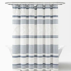 Kirkland's Home Blue Stripe Diamond Tufted Shower Curtain- Shower Curtains