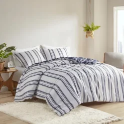 Kirkland's Home Blue Stripe Reversible 3-Pc. Queen Duvet Cover Set- Duvets