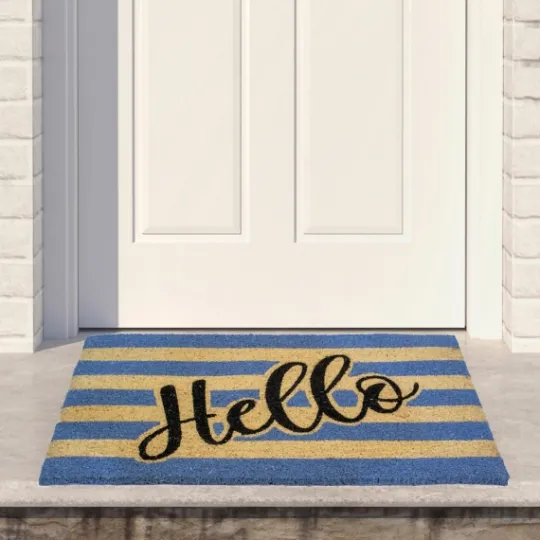 Kirkland's Home Blue Striped Hello Doormat- Doormats