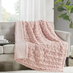 Kirkland's Home Blush Ruched Faux Fur Throw- Blankets & Throws
