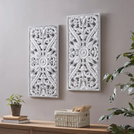 Kirkland's Home Botanical Wood Carved Panel Wall Plaques, Set Of 2- Wall Plaques