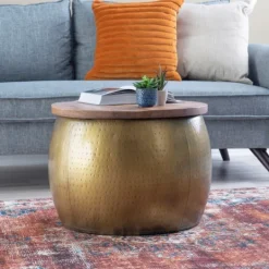 Kirkland's Home Brass Hammered Drum Storage Coffee Table- Coffee Tables