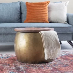Kirkland's Home Brass Hammered Drum Storage Coffee Table- Coffee Tables