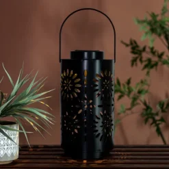 Kirkland's Home Brass Metal Flower Cutout Solar Lantern- Outdoor Lighting