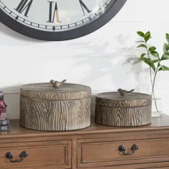 Kirkland's Home Bronze Tree Bark Round Metal Boxes, Set Of 2- Baskets & Boxes