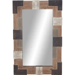 Kirkland's Home Brown And White Square Strips Wood Framed Mirror- Decorative Mirrors