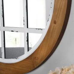 Kirkland's Home Brown And Wooden Round Windowpane Mirror- Decorative Mirrors