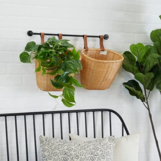 Kirkland's Home Brown Bamboo Basket And Metal Bar Wall Shelf- Shelves