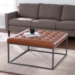 Kirkland's Home Brown Button Tufted Faux Leather Ottoman- Benches & Ottomans