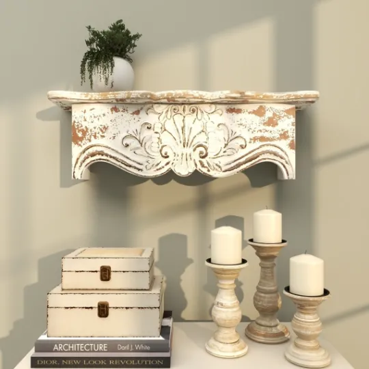 Kirkland's Home Brown Distressed Carved Wood Wall Shelf- Shelves